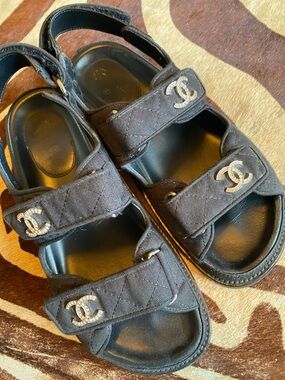 CHANEL Black Quilted CC Logo Velcro Sandals 37